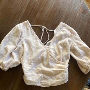 Abercrombie XS wrap crop in white/tan linen blend